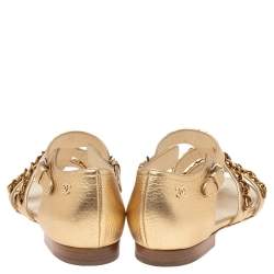 Pre Owned Chanel Gold Leather Interlocking Chain Embellished CC Logo Leather Sandals Size 36.5
