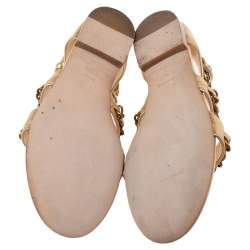 Pre Owned Chanel Gold Leather Interlocking Chain Embellished CC Logo Leather Sandals Size 36.5