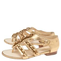 Pre Owned Chanel Gold Leather Interlocking Chain Embellished CC Logo Leather Sandals Size 36.5