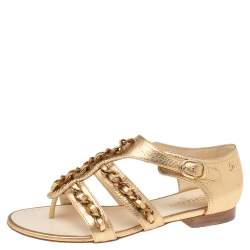 Pre Owned Chanel Gold Leather Interlocking Chain Embellished CC Logo Leather Sandals Size 36.5