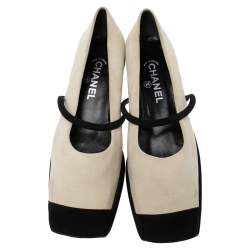 Pre Owned Chanel Black/White Suede Square Toe Platform Ballet Flats Size 40
