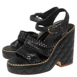 مملوكة مسبقًا Chanel Black Quilted and Braided Leather Straps Wedge Platform Sandals Size 38.5