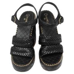 مملوكة مسبقًا Chanel Black Quilted and Braided Leather Straps Wedge Platform Sandals Size 38.5