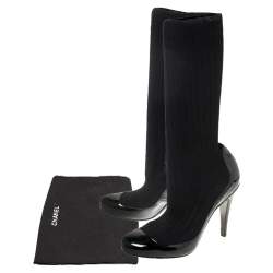 Pre Owned Chanel Black Patent Leather and Fabric Sock Boots Size 38.5