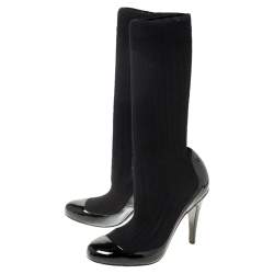 Pre Owned Chanel Black Patent Leather and Fabric Sock Boots Size 38.5