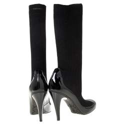 Pre Owned Chanel Black Patent Leather and Fabric Sock Boots Size 38.5