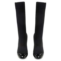 Pre Owned Chanel Black Patent Leather and Fabric Sock Boots Size 38.5