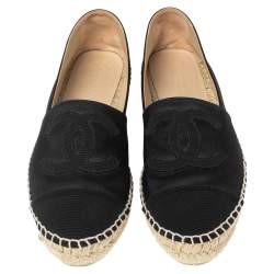 Pre Owned Chanel Black Satin and Fabric CC Flat Espadrilles Size 38