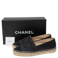 Pre Owned Chanel Black Satin and Fabric CC Flat Espadrilles Size 38