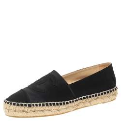 Pre Owned Chanel Black Satin and Fabric CC Flat Espadrilles Size 38
