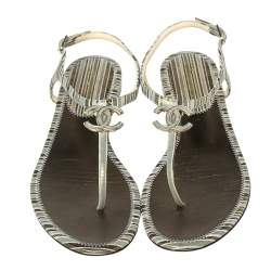 Pre Owned Chanel Tri-Color Suede CC Logo T-Strap Thong Sandals Size 40