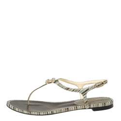 Pre Owned Chanel Tri-Color Suede CC Logo T-Strap Thong Sandals Size 40