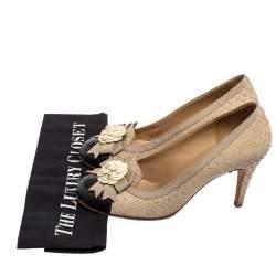 Chanel Beige/Black Python Leather Camellia Bow Applique Round-Toe Pumps Size 37.5