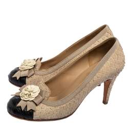 Chanel Beige/Black Python Leather Camellia Bow Applique Round-Toe Pumps Size 37.5