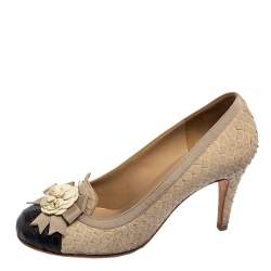 Chanel Beige/Black Python Leather Camellia Bow Applique Round-Toe Pumps Size 37.5