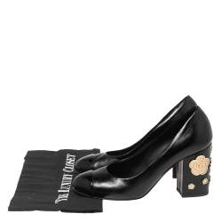 Pre Owned Chanel Black Patent and Leather CC Cap Toe Camellia Applique Pumps Size 38