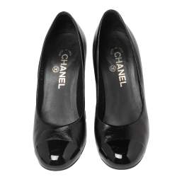 Pre Owned Chanel Black Patent and Leather CC Cap Toe Camellia Applique Pumps Size 38