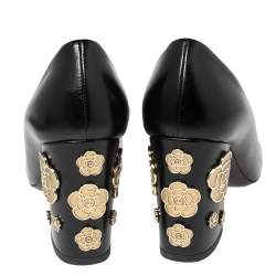 Pre Owned Chanel Black Patent and Leather CC Cap Toe Camellia Applique Pumps Size 38