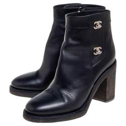Chanel Black Leather CC Turnlock Ankle Boots Size 38