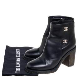 Chanel Black Leather CC Turnlock Ankle Boots Size 38