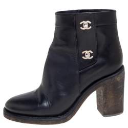 Chanel Black Leather CC Turnlock Ankle Boots Size 38