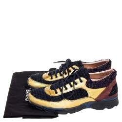 Pre Owned Chanel Multicolor Tweed, Iridescent Leather and Suede CC Low-Top Sneakers Size 40