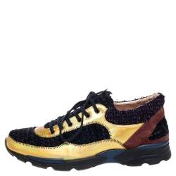 Pre Owned Chanel Multicolor Tweed, Iridescent Leather and Suede CC Low-Top Sneakers Size 40