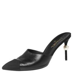 Pre Owned Chanel Black Leather and Canvas CC Faux Pearl Embellished Sandals Size 41
