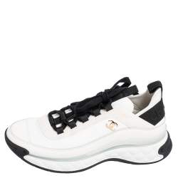 Chanel White/Black Leather and Neoprene CC Low-Top Sneakers