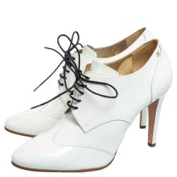 Chanel White Patent Leather CC Lace Up Booties Size 39.5 