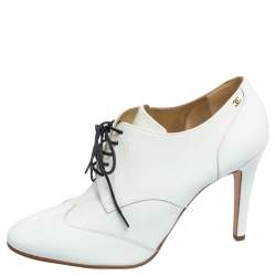 Chanel White Patent Leather CC Lace Up Booties Size 39.5 