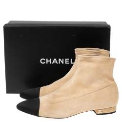 Chanel Beige/Black Suede and Satin Cap-Toe Ankle Boots Size 39.5