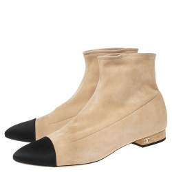 Chanel Beige/Black Suede and Satin Cap-Toe Ankle Boots Size 39.5
