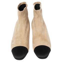Chanel Beige/Black Suede and Satin Cap-Toe Ankle Boots Size 39.5