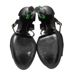 Pre Owned Chanel Black Satin Jade Green Ring Platform Sandals Size 39