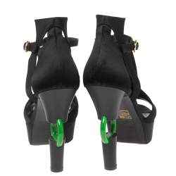 Pre Owned Chanel Black Satin Jade Green Ring Platform Sandals Size 39