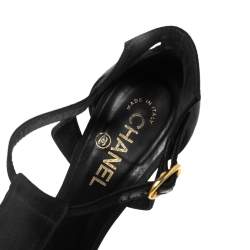 Pre Owned Chanel Black Satin Jade Green Ring Platform Sandals Size 39