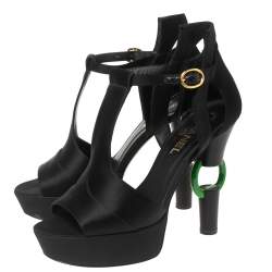Pre Owned Chanel Black Satin Jade Green Ring Platform Sandals Size 39