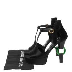 Pre Owned Chanel Black Satin Jade Green Ring Platform Sandals Size 39