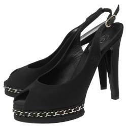 Pre Owned Chanel Black Canvas Chain Link Slingback Sandals Size 39.5
