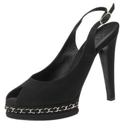 Pre Owned Chanel Black Canvas Chain Link Slingback Sandals Size 39.5