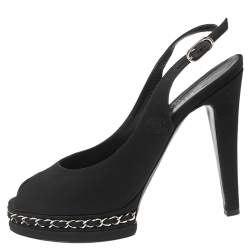 Pre Owned Chanel Black Canvas Chain Link Slingback Sandals Size 39.5