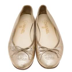 Pre Owned Chanel Metallic Gold Leather CC Bow Ballet Flats Size 37