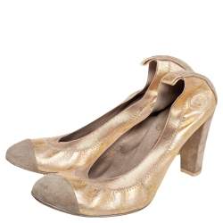 Pre Owned Chanel Gold Metallic Fabric and Beige Suede Elastic Ballet Pumps Size 38.5