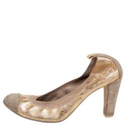 Pre Owned Chanel Gold Metallic Fabric and Beige Suede Elastic Ballet Pumps Size 38.5