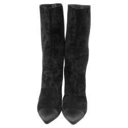 Chanel Black Suede and Satin Gabrielle Cap Toe Mid Calf Boots Size 39