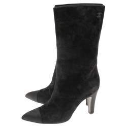 Chanel Black Suede and Satin Gabrielle Cap Toe Mid Calf Boots Size 39