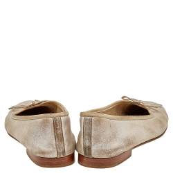 Pre Owned Chanel Metallic Gold Leather CC Cap Toe Bow Ballet Flats Size 37