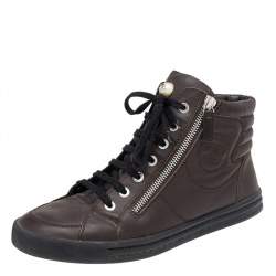 Pre Owned Chanel Dark Brown Leather Double Zip CC High Top Sneakers Size 39