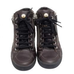 Pre Owned Chanel Dark Brown Leather Double Zip CC High Top Sneakers Size 39